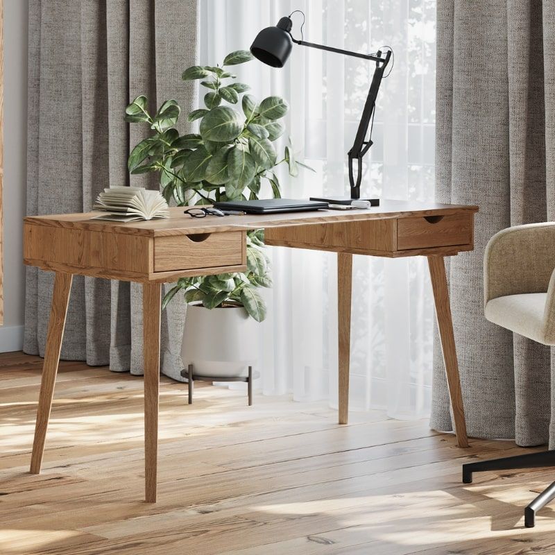 Bureau chêne massif moderne 2 tiroirs OSLO 137 cm