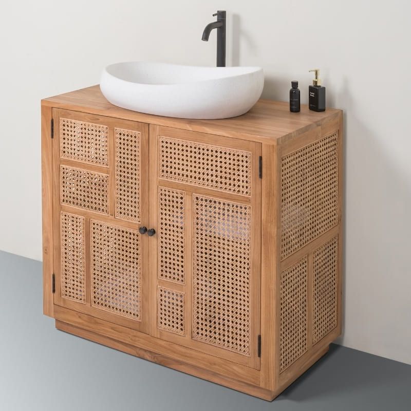 Meuble salle de bain cannage et teck massif BOHO 90 cm