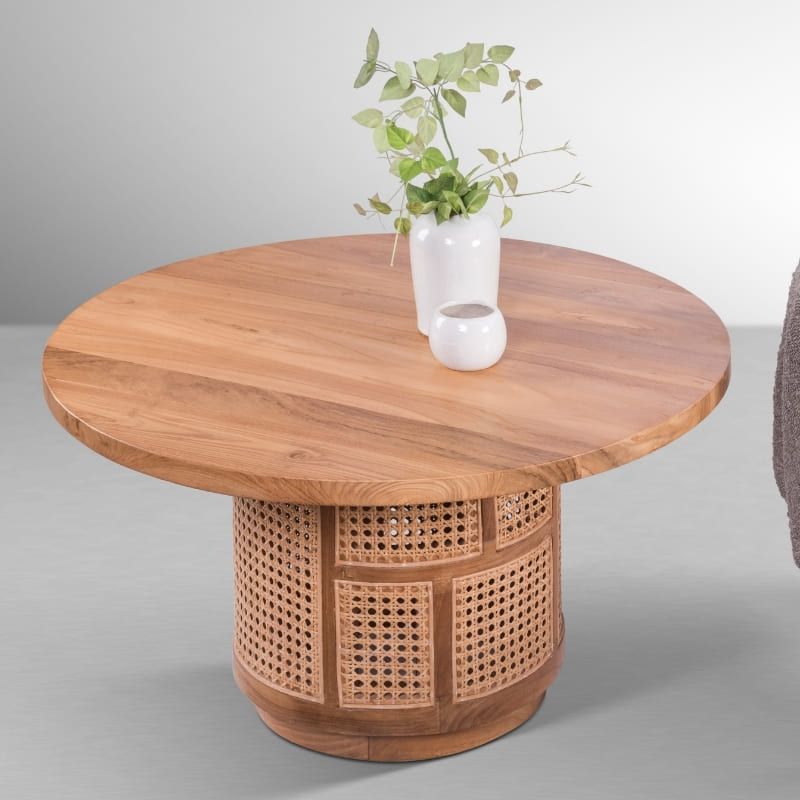Table basse cannage et teck ronde BOHO Ø 80 cm