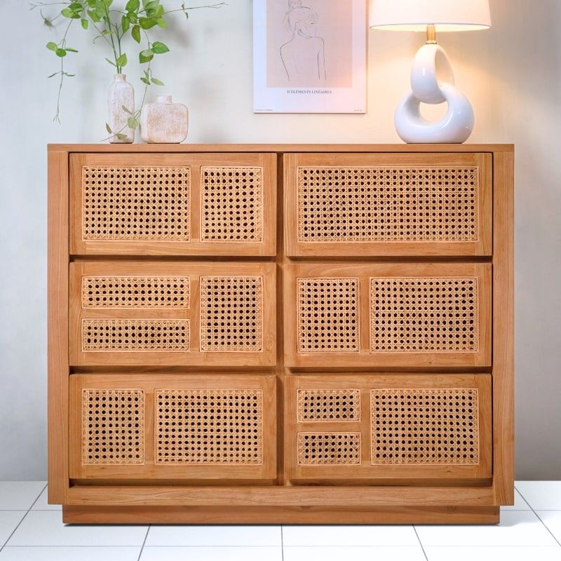 Commode en cannage et teck BOHO 6 tiroirs