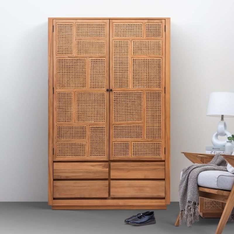 Armoire en cannage et teck BOHO 120 cm