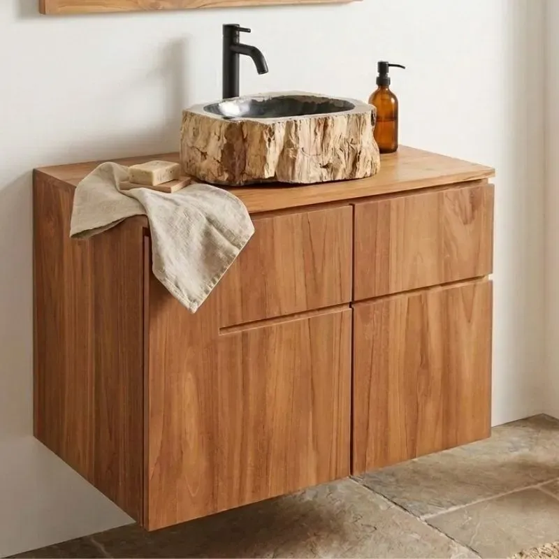 Meuble salle de bain suspendu teck massif MANDI 80 cm