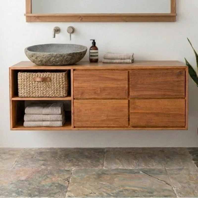 Meuble suspendu salle de bain teck massif MANDI 150 cm